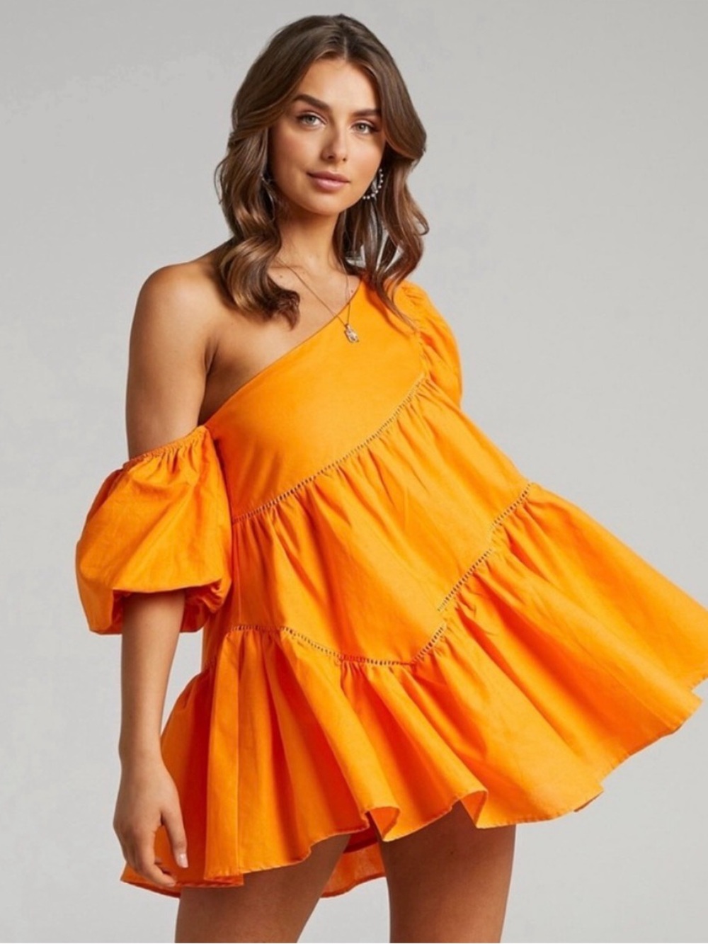 Showpo Bright Orange One-Shoulder Puff Sleeve Dress